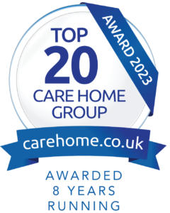 Logo award from review site, carehome.co.uk, for Top 20 care home group given to Colten Care in 2023.